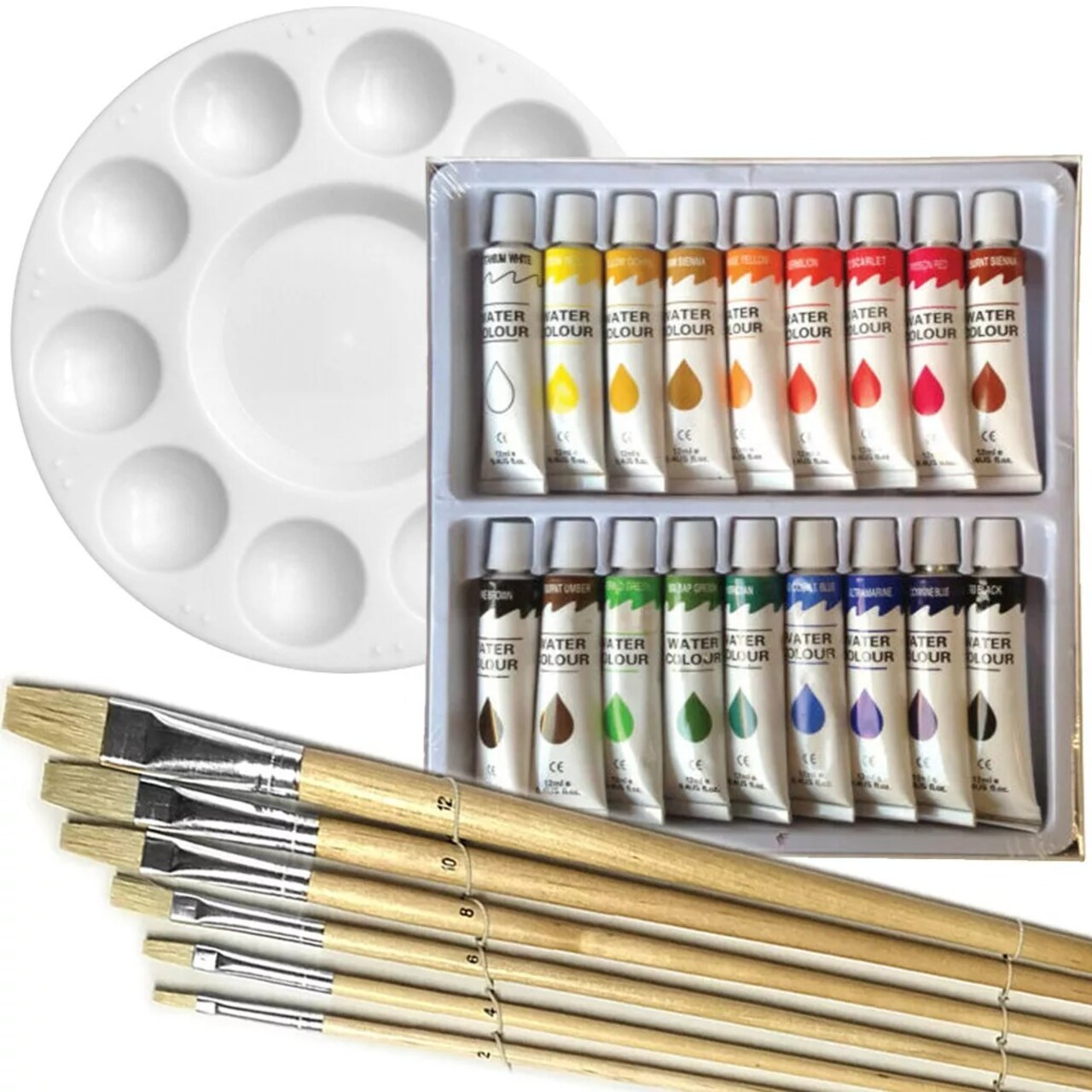 18 WATERCOLOR COLOR Painting Paint Set + 6 Brush Set w/ ROUND Palette Artist SET